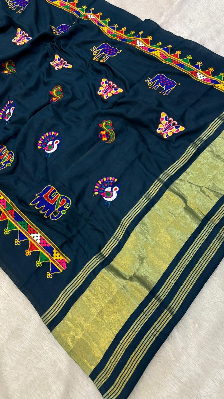 Kutchi Multi Work Duppta with Lagadi Patta - Petrol Blue