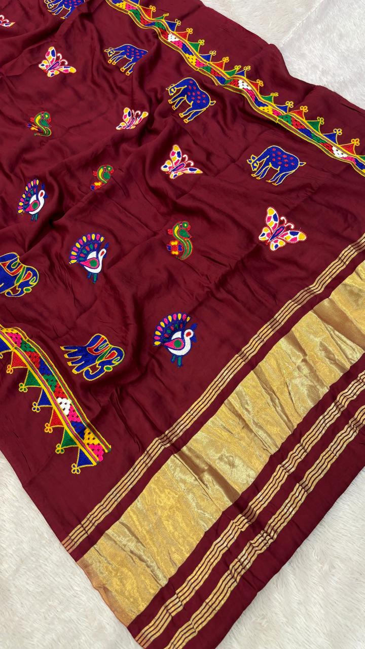 Kutchi Multi Work Duppta with Lagadi Patta - Maroon