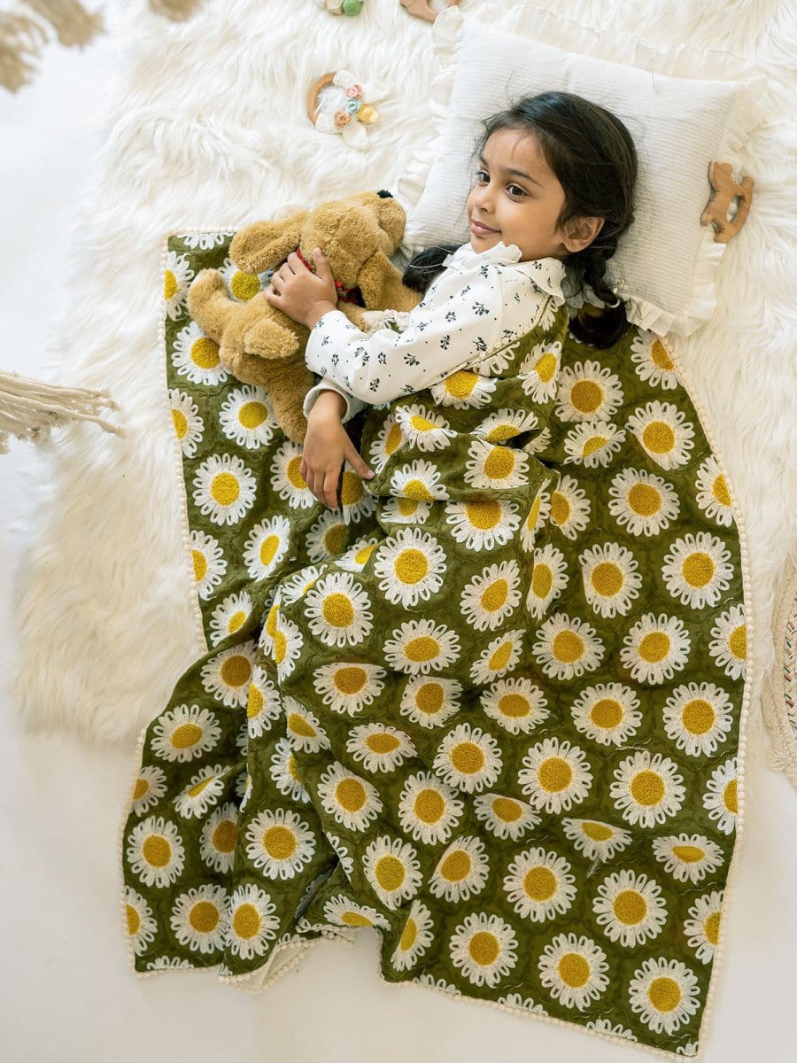 Green Woolen Sunflower Reversible Baby Kids Blanket
