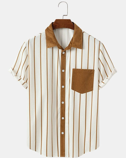Retro Striped Short-Sleeve Shirt with Corduroy Accents