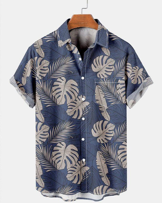 Navy Tropical Leaf Print Shirt