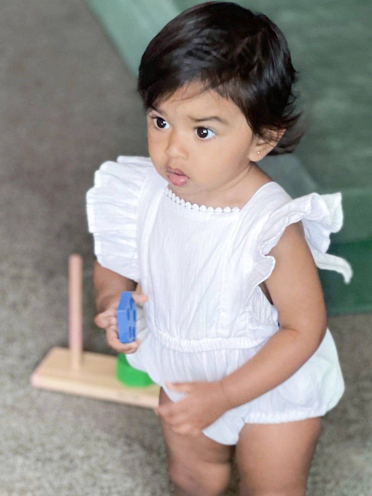 Halemons Kantha Cotton Frilled Romper, Diaper Opening & Back Straps - White