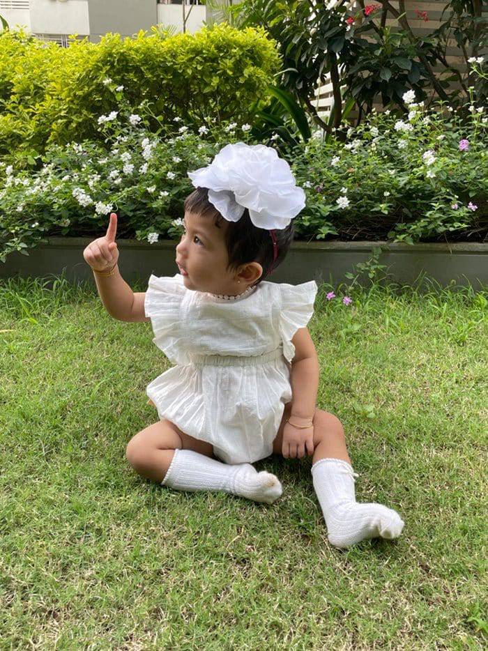 Halemons Kantha Cotton Frilled Romper, Diaper Opening & Back Straps - White