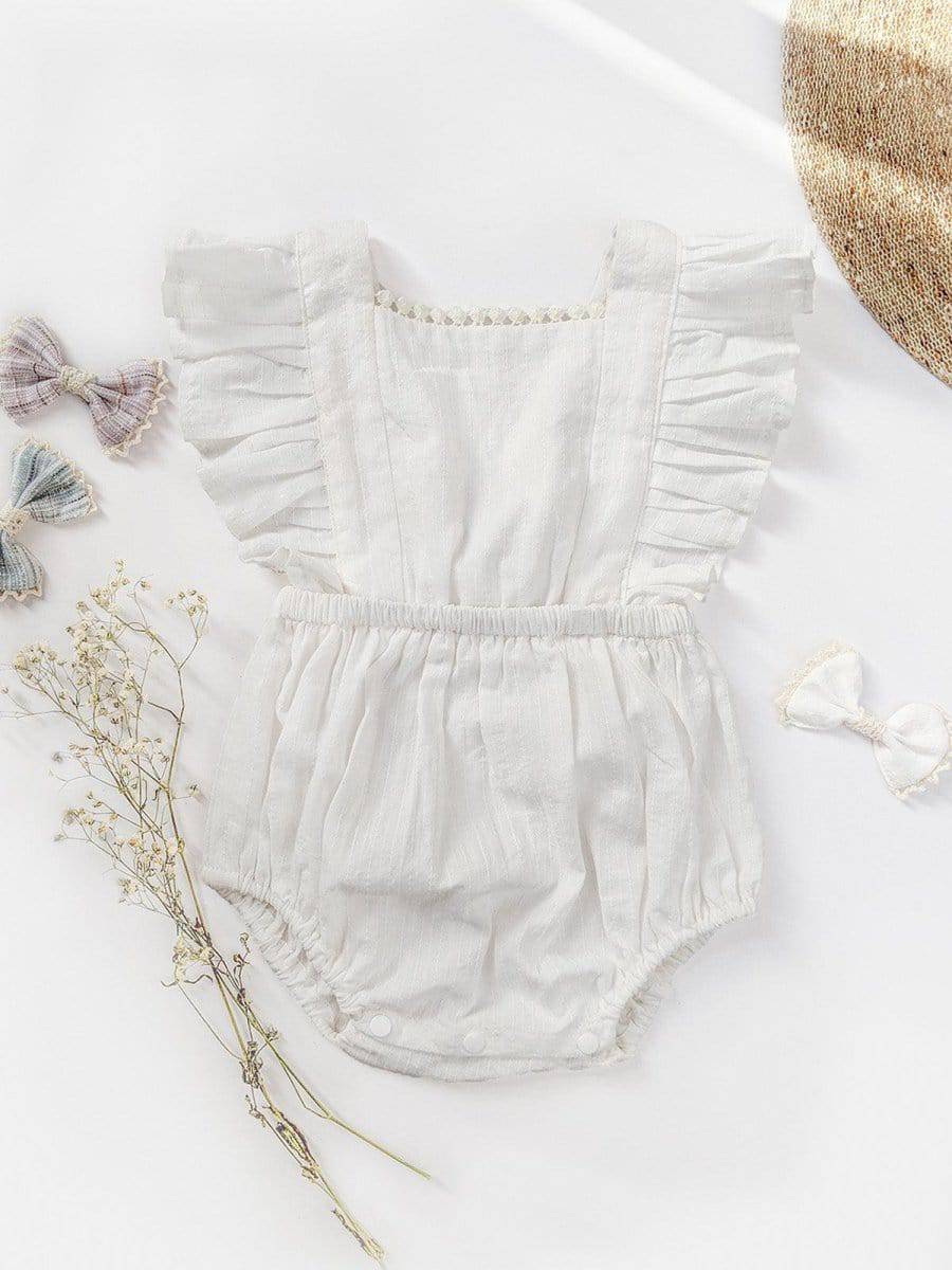 Halemons Kantha Cotton Frilled Romper, Diaper Opening & Back Straps - White