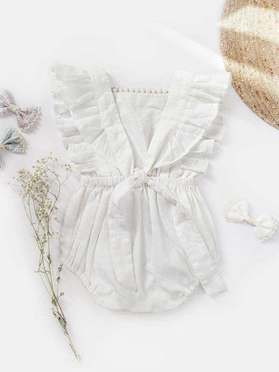 Halemons Kantha Cotton Frilled Romper, Diaper Opening & Back Straps - White