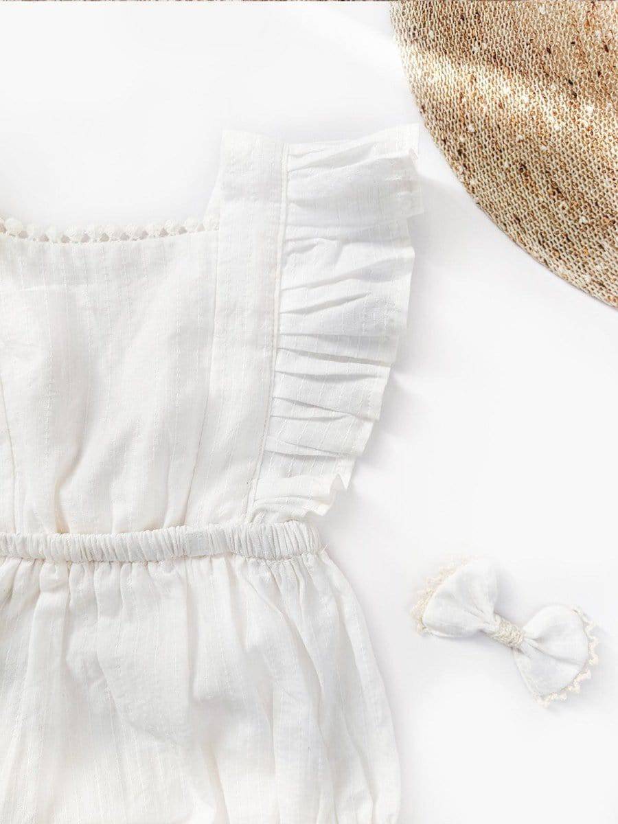 Halemons Kantha Cotton Frilled Romper, Diaper Opening & Back Straps - White