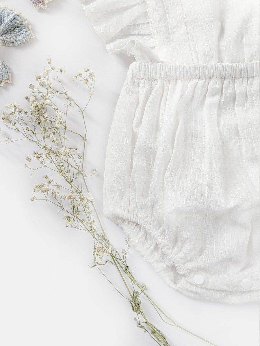 Halemons Kantha Cotton Frilled Romper, Diaper Opening & Back Straps - White