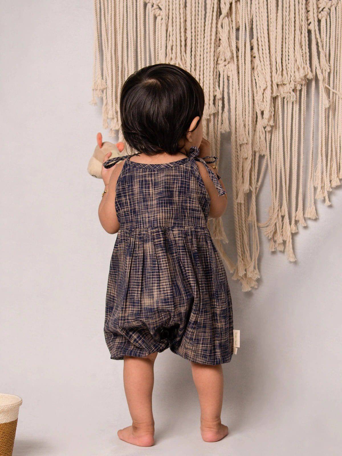 Halemons Navy Blue Cotton Teddy Romper - Crochet Lace Details - Blue