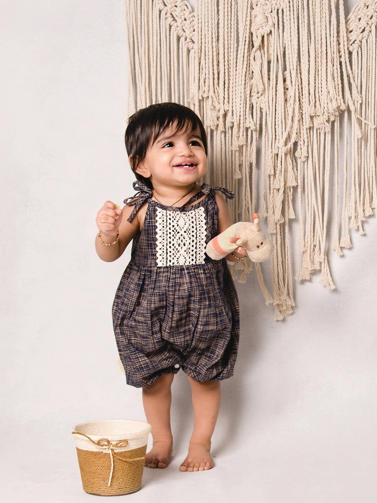 Halemons Navy Blue Cotton Teddy Romper - Crochet Lace Details - Blue