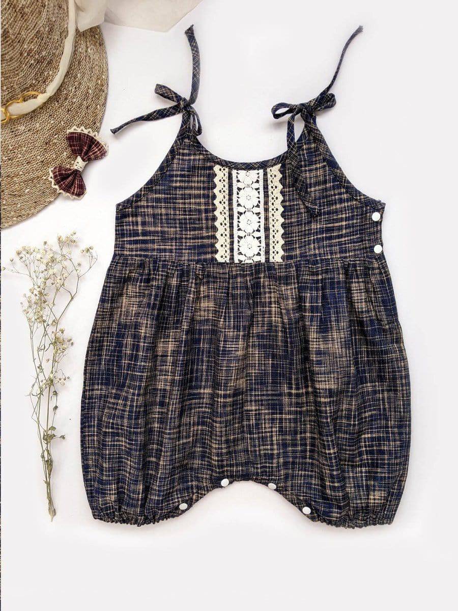 Halemons Navy Blue Cotton Teddy Romper - Crochet Lace Details - Blue