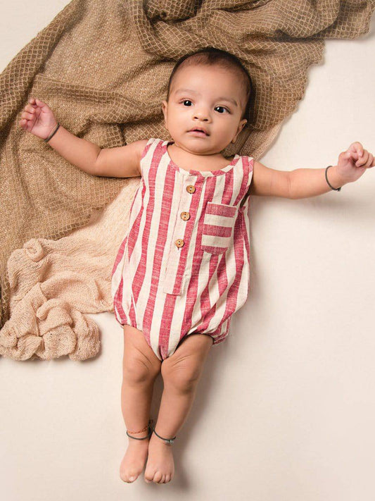 Red Stiped Pure Cotton Baby Toddler Unisex Bubble Romper