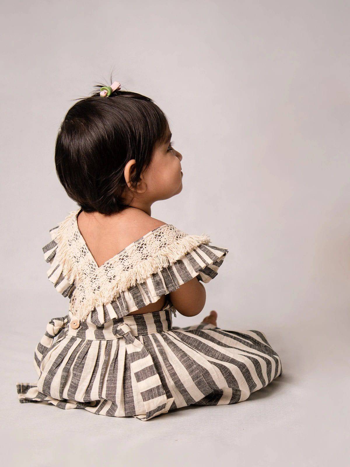 Grey Stripes Baby Frilled Frock With Crochet Lace