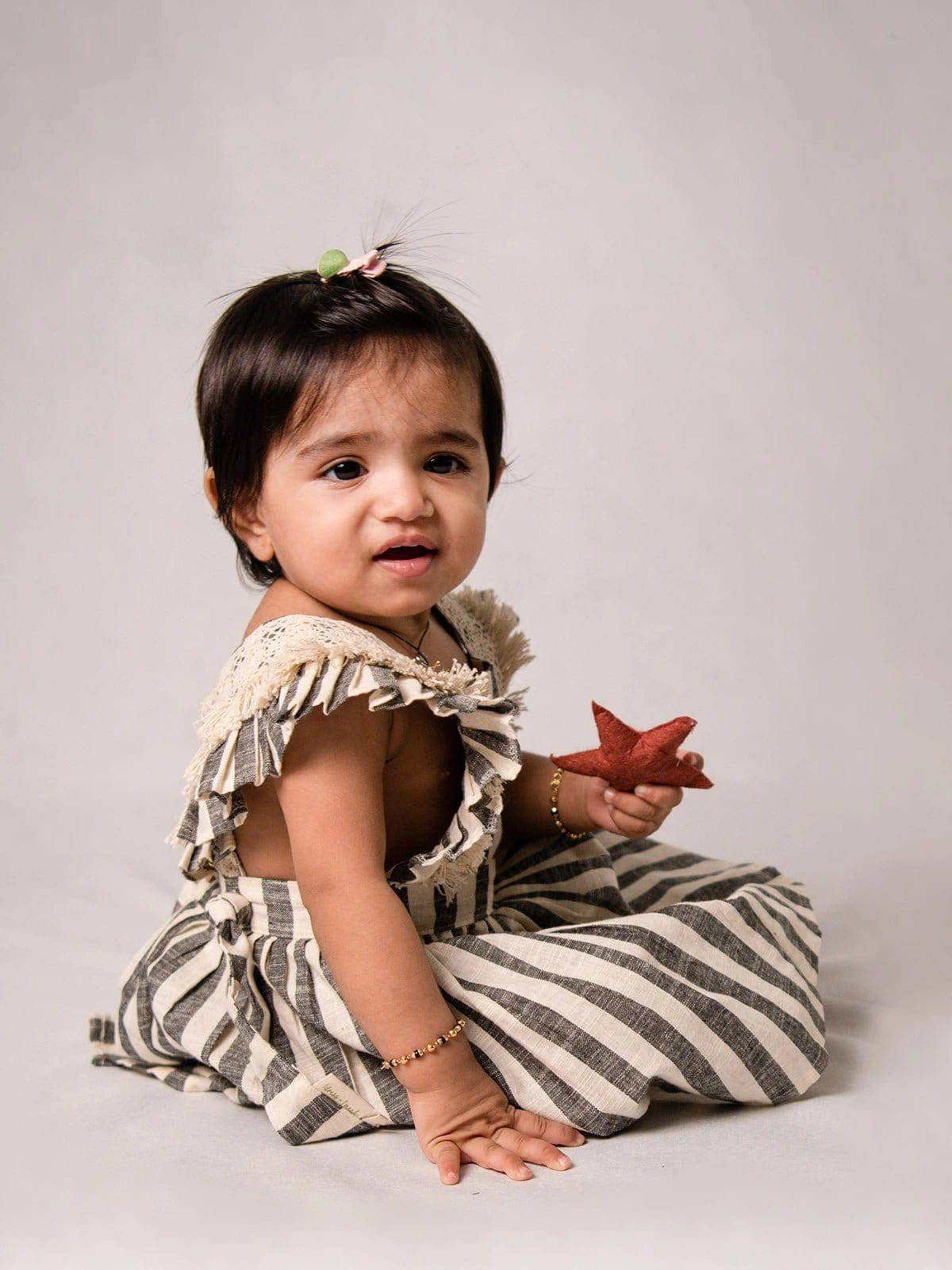 Grey Stripes Baby Frilled Frock With Crochet Lace