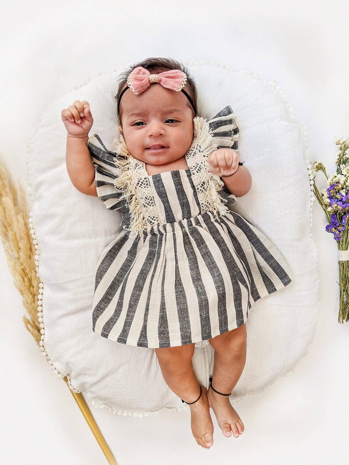 Grey Stripes Baby Frilled Frock With Crochet Lace
