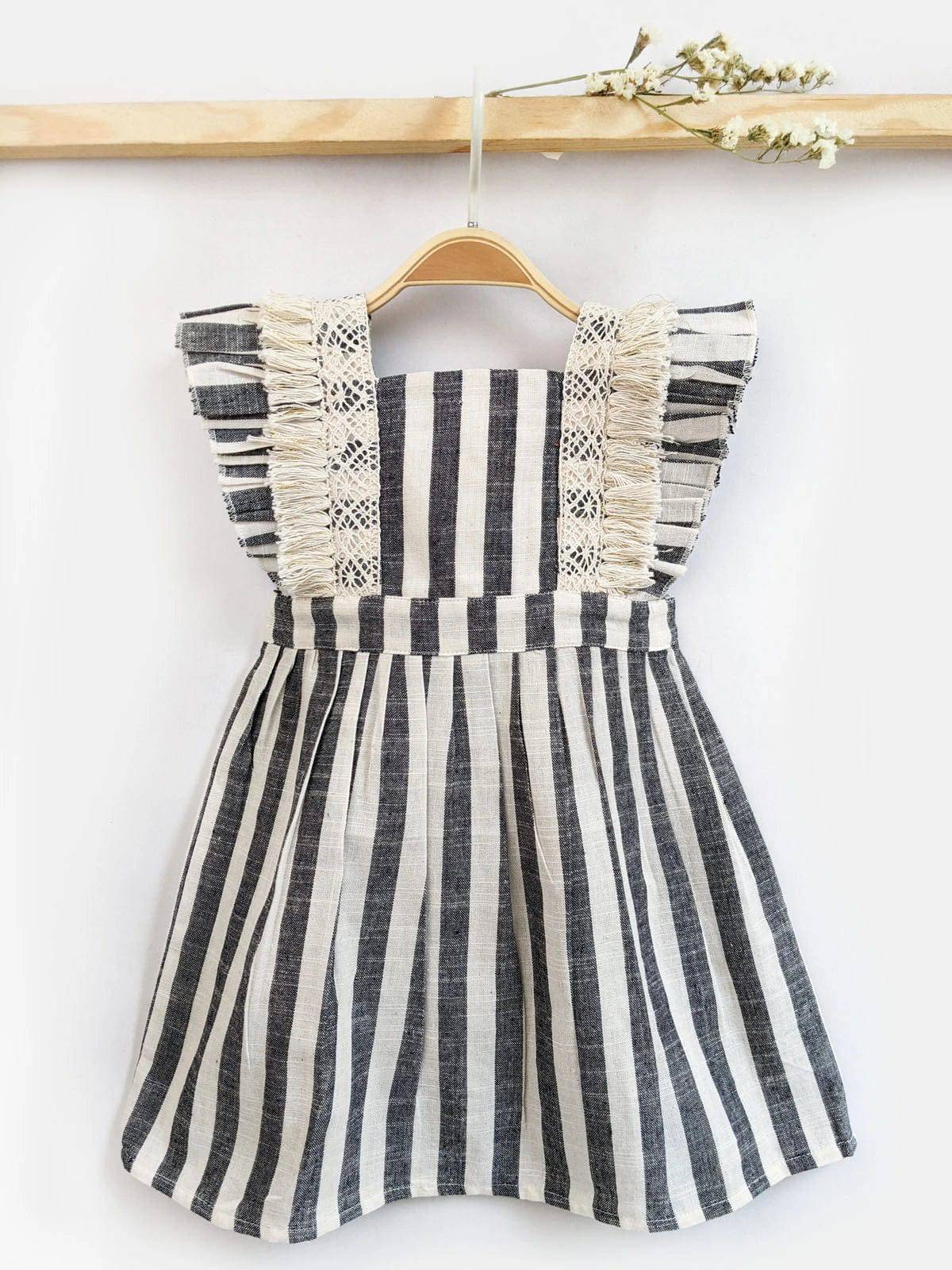 Grey Stripes Baby Frilled Frock With Crochet Lace