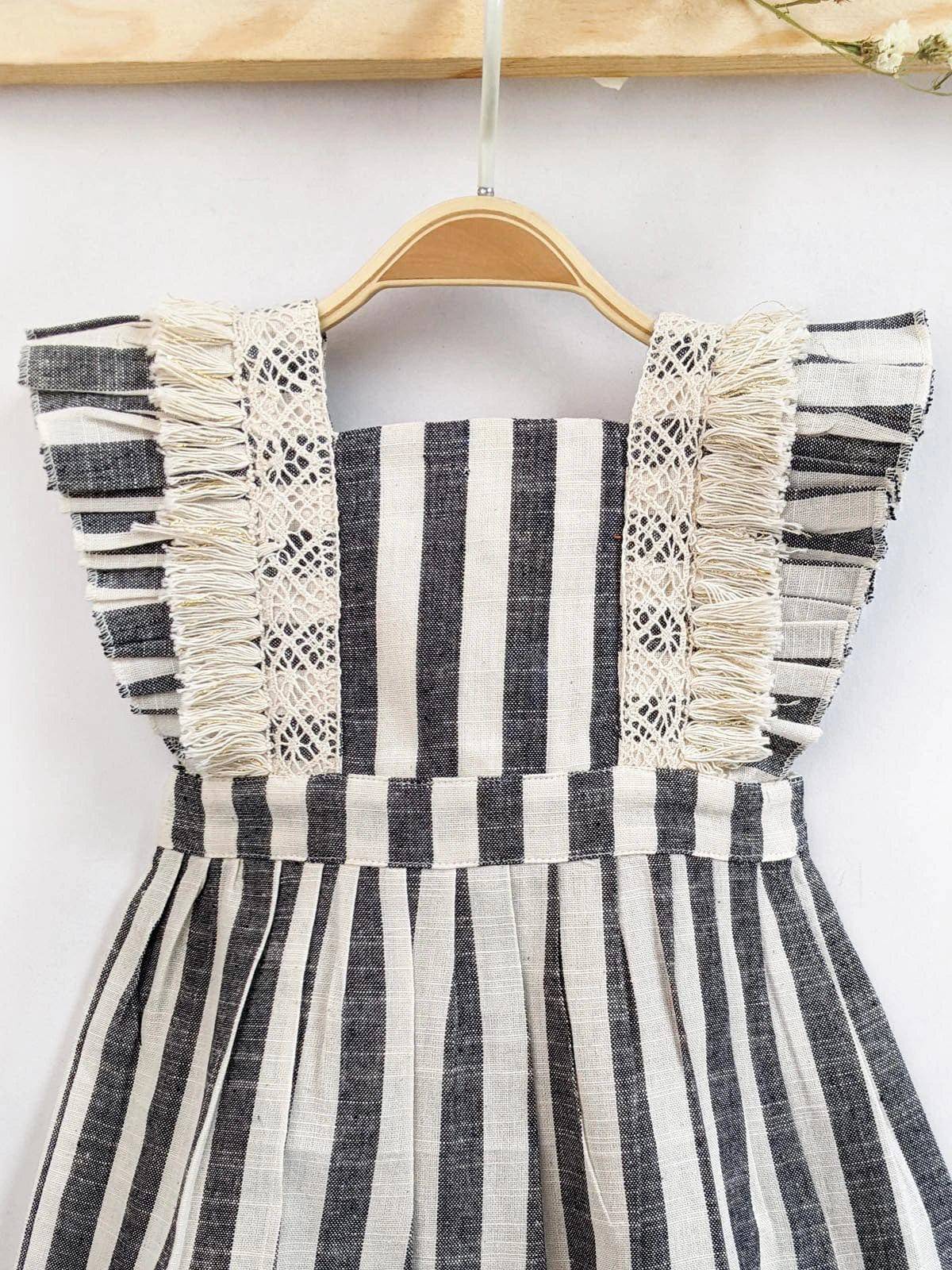 Grey Stripes Baby Frilled Frock With Crochet Lace