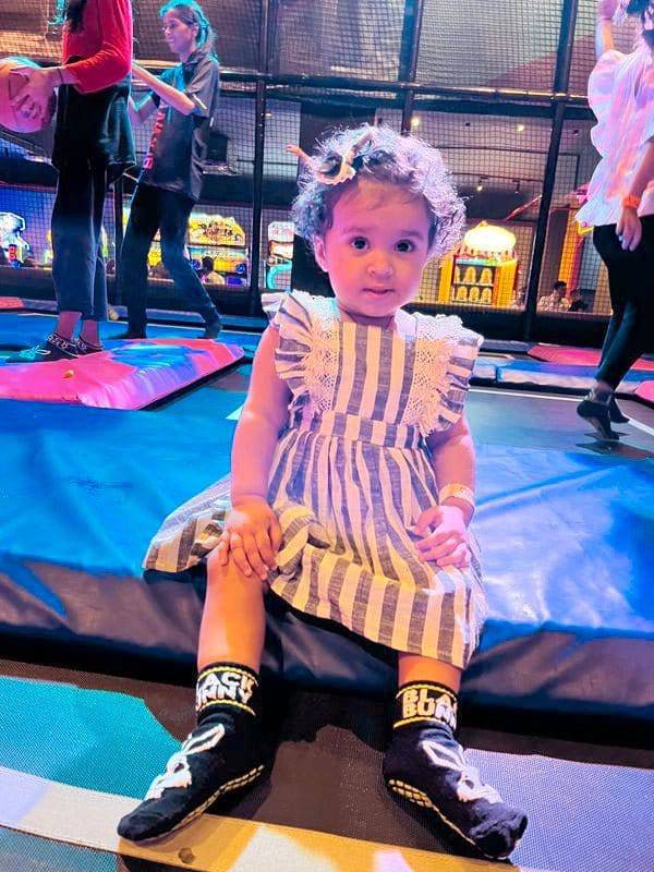 Grey Stripes Baby Frilled Frock With Crochet Lace