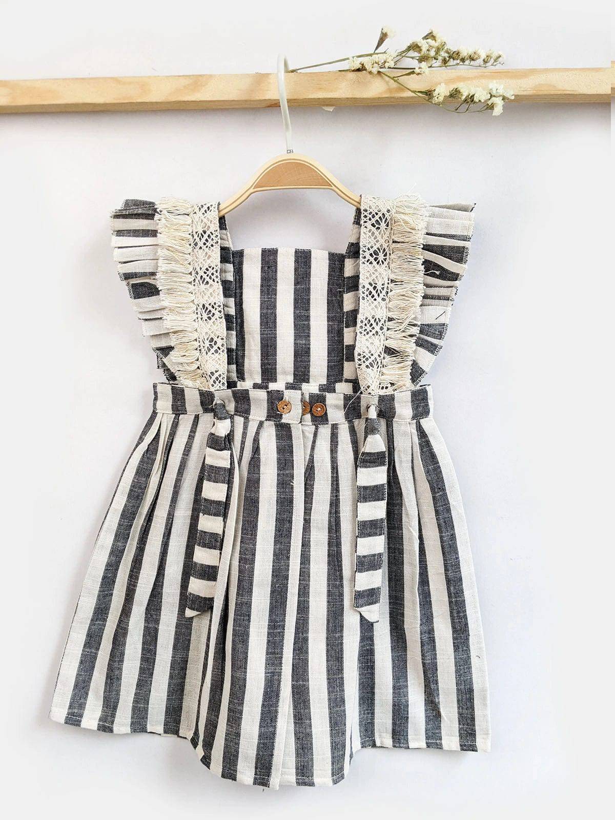 Grey Stripes Baby Frilled Frock With Crochet Lace