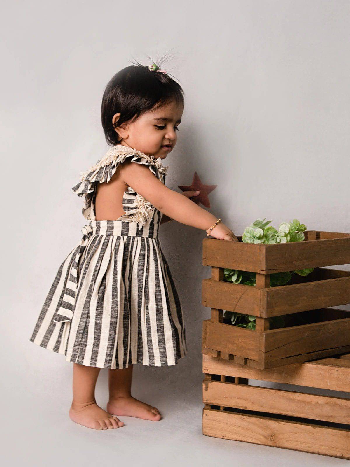 Grey Stripes Baby Frilled Frock With Crochet Lace