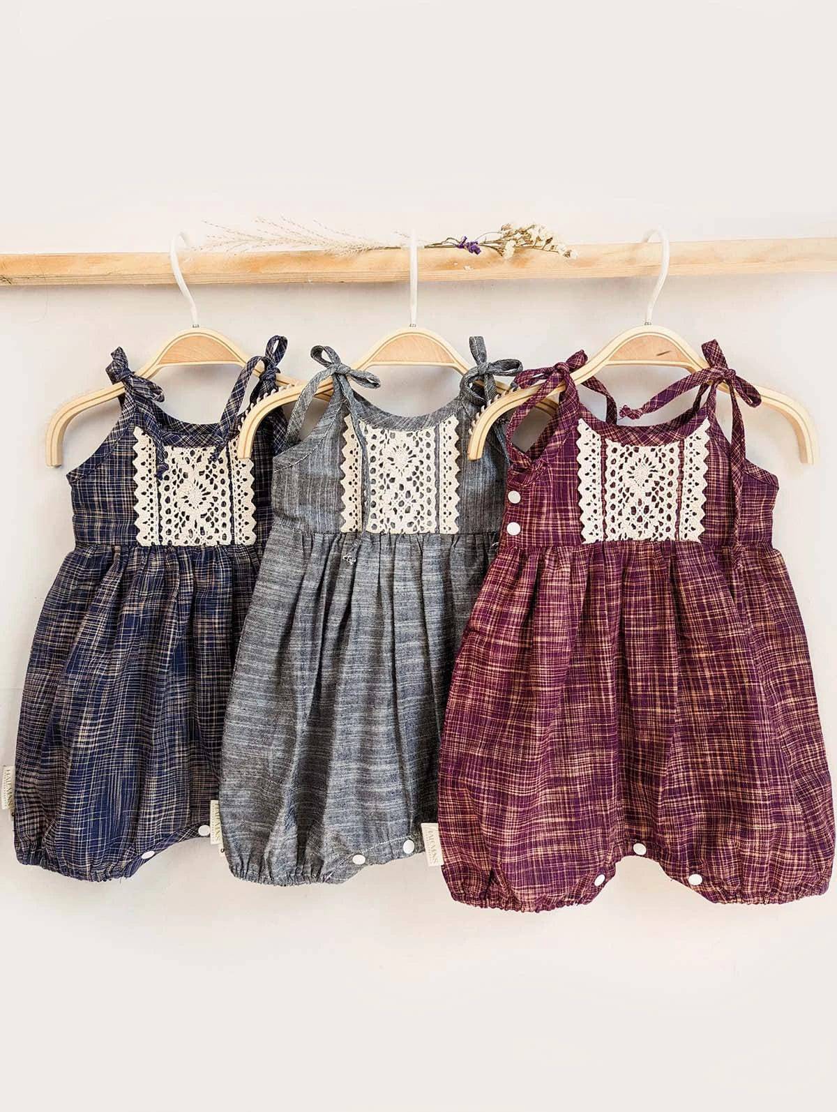 Halemons 100% Cotton Romper with Crochet Lace - Easy Diaper Change - Wine