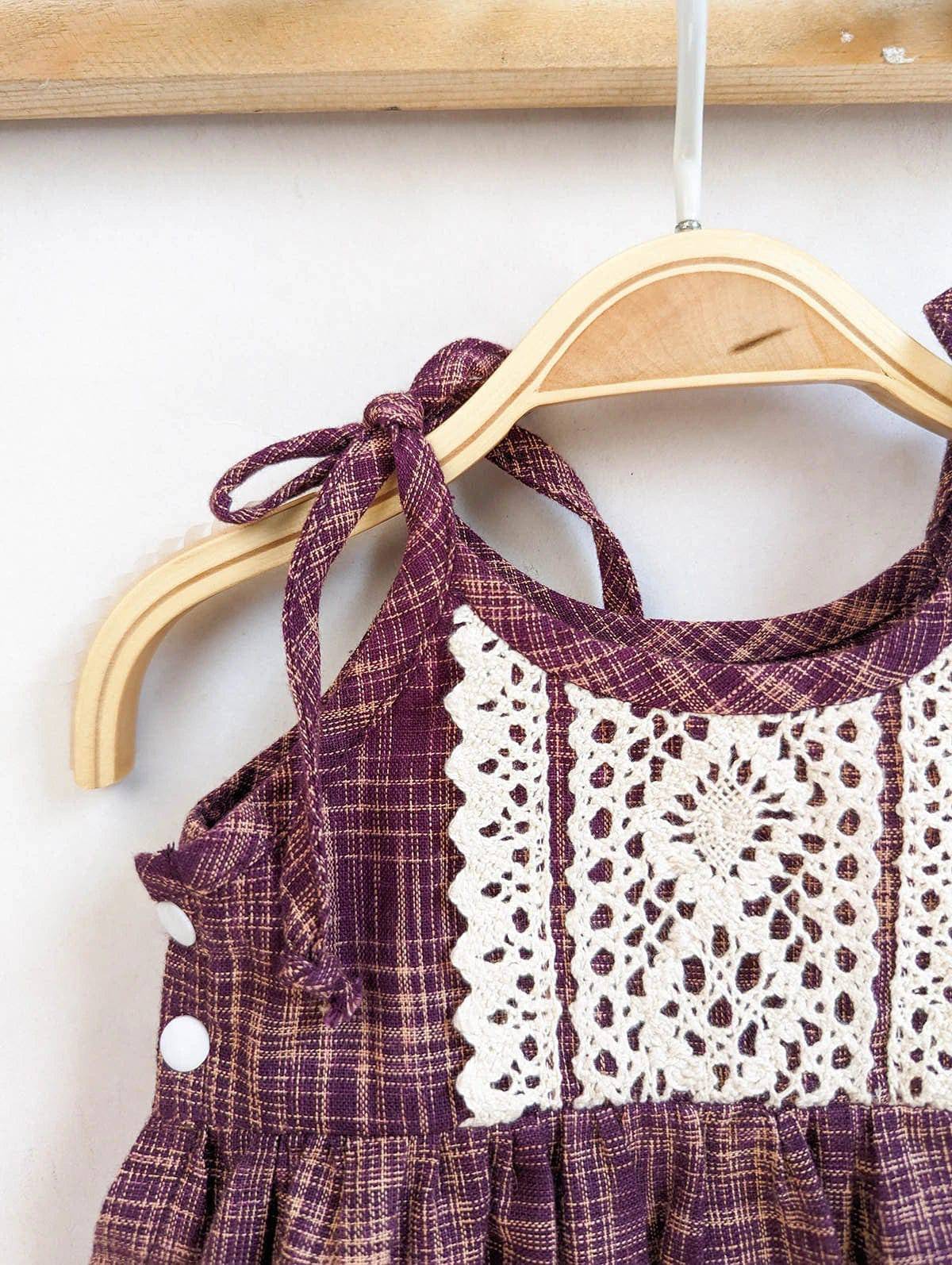 Halemons 100% Cotton Romper with Crochet Lace - Easy Diaper Change - Wine