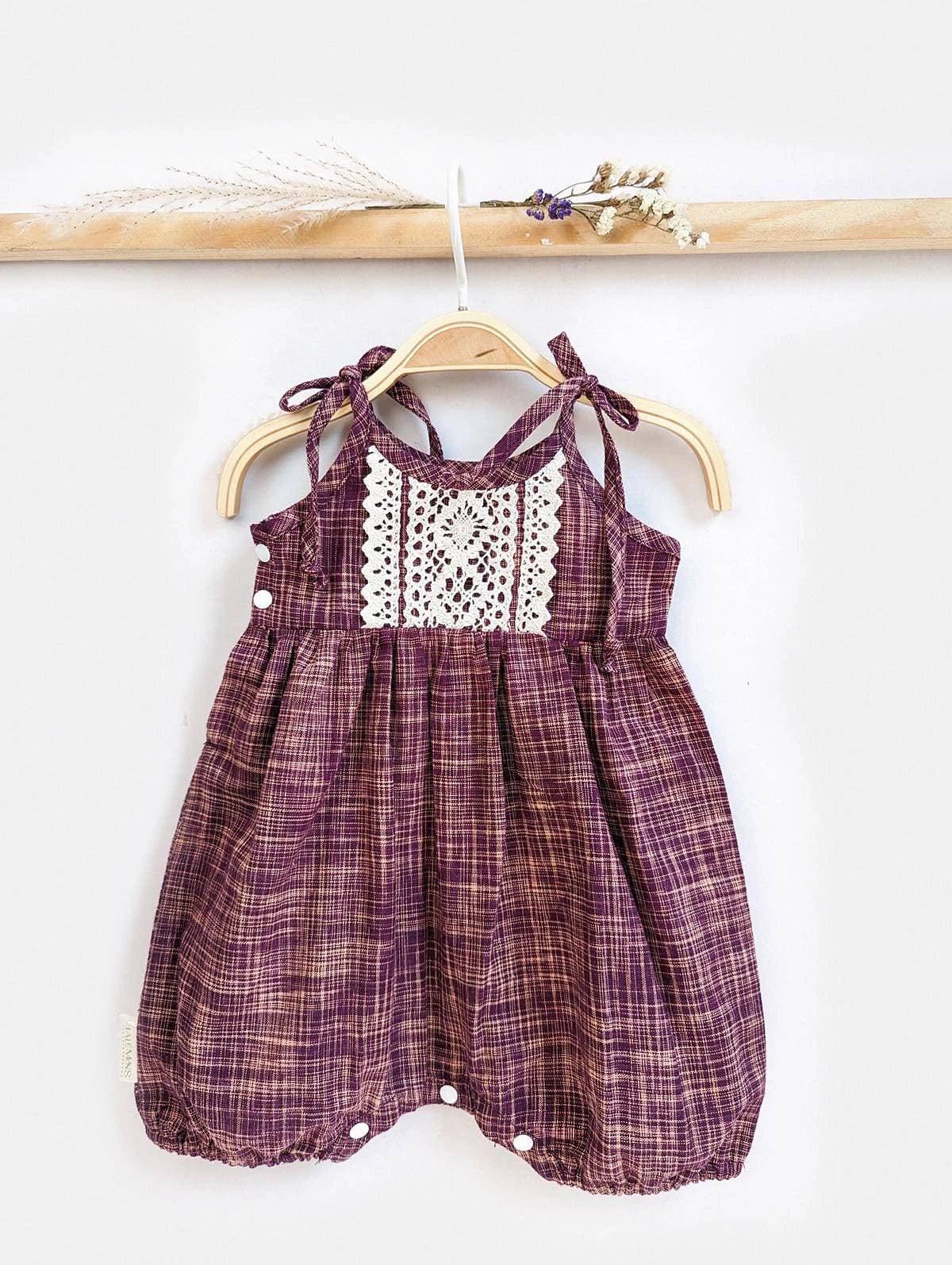 Halemons 100% Cotton Romper with Crochet Lace - Easy Diaper Change - Wine