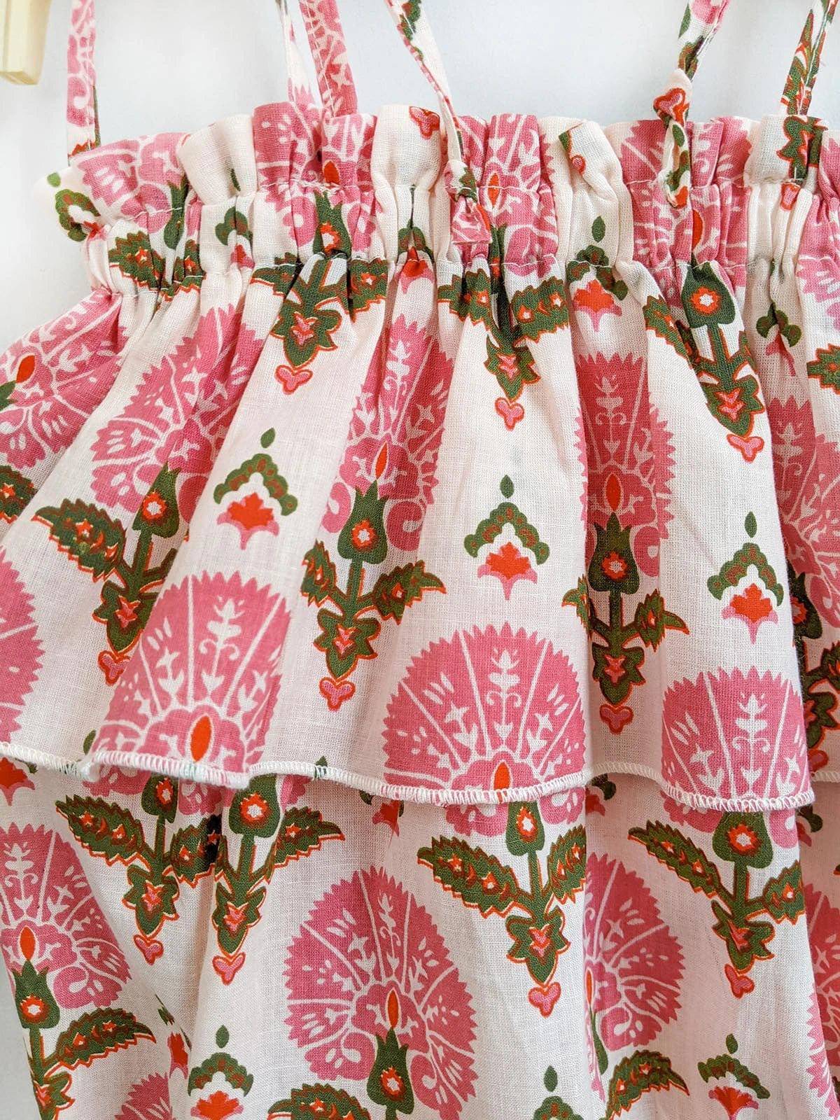 Halemons Cotton Floral Frilled Playsuit, Elasticated, Diaper Buttons - Peach