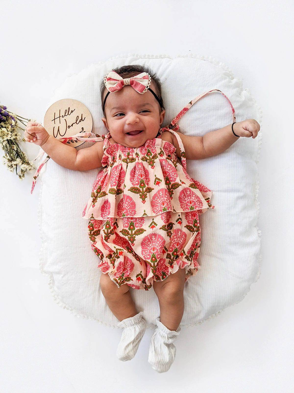 Halemons Cotton Floral Frilled Playsuit, Elasticated, Diaper Buttons - Peach