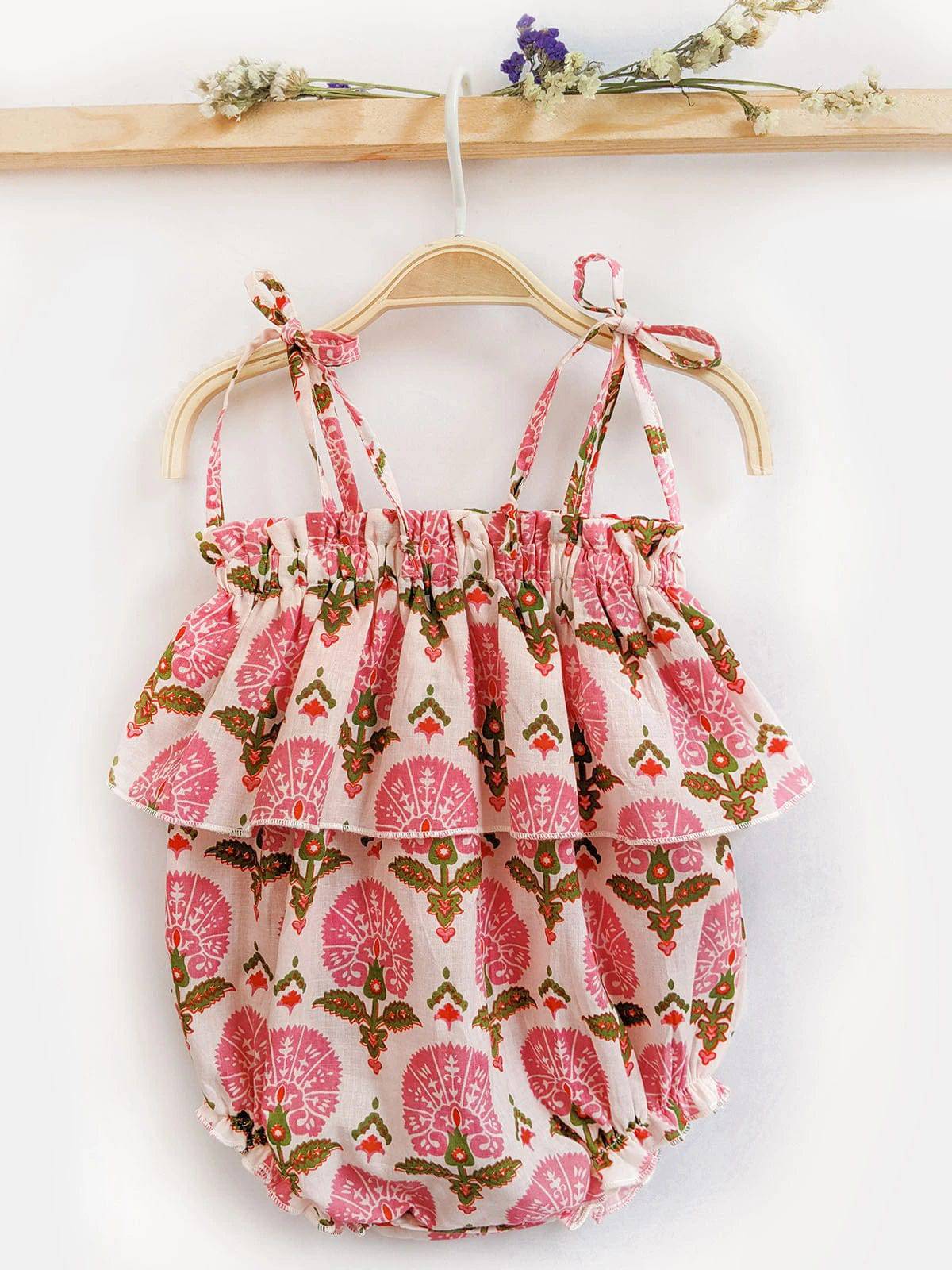 Halemons Cotton Floral Frilled Playsuit, Elasticated, Diaper Buttons - Peach