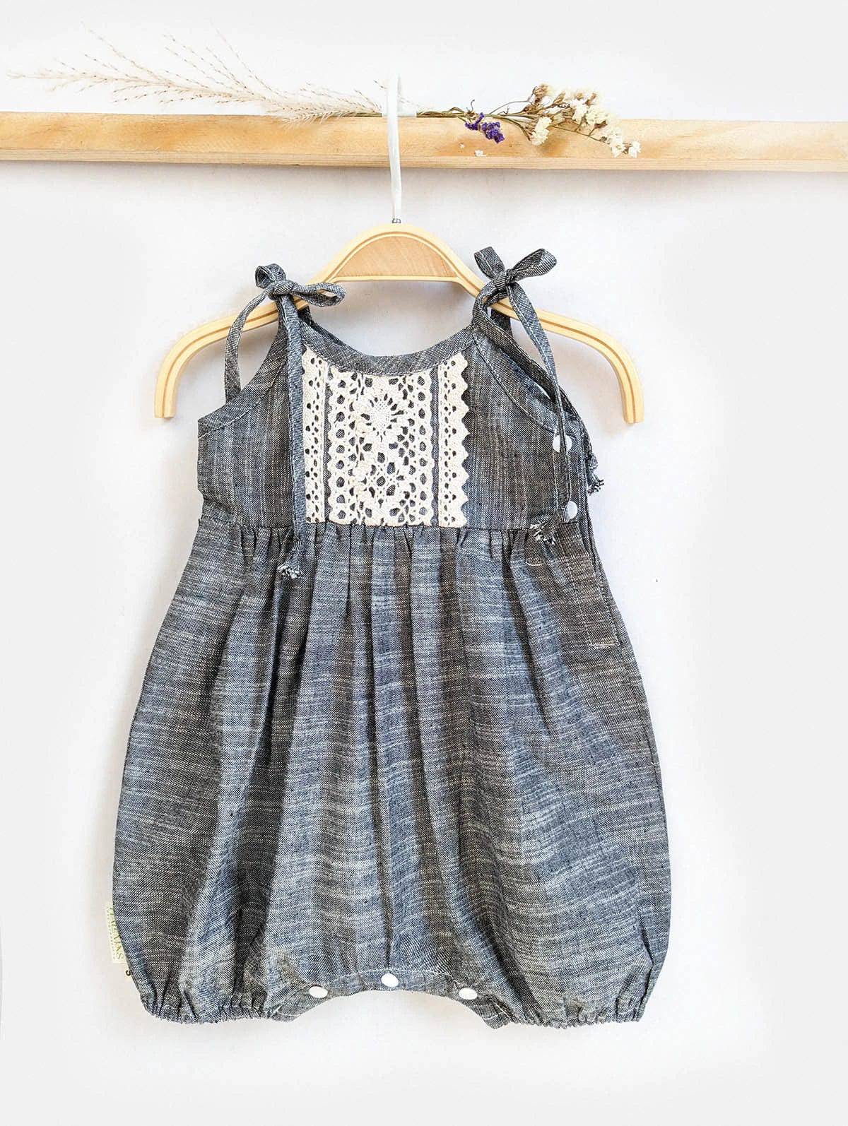Halemons Grey Slub Cotton Romper - All Season Comfort - Narrow Strings - Grey