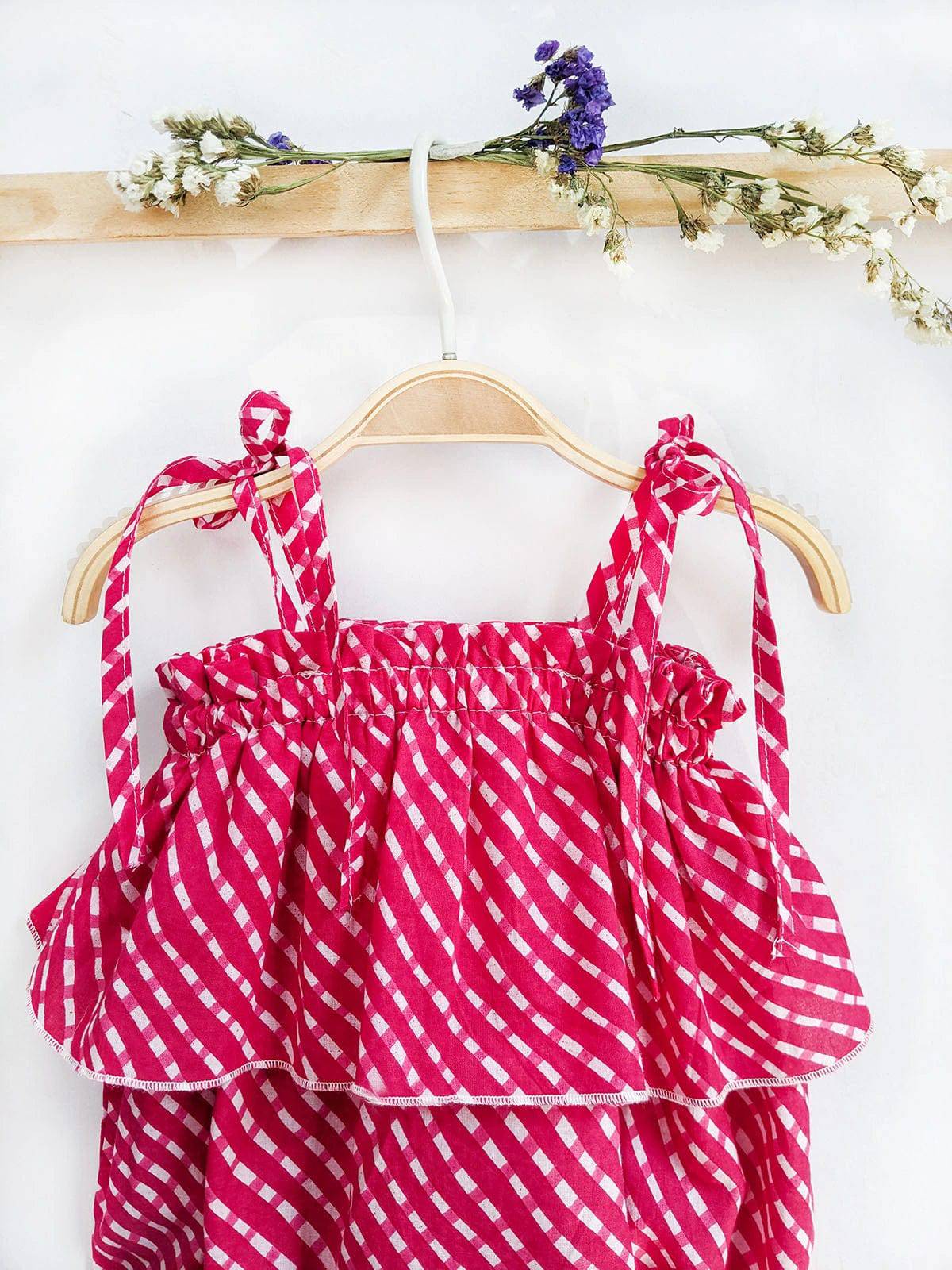 Halemons Pink Striped Frilled Bodice Romper, Elasticated Chest & Diaper Buttons - Pink