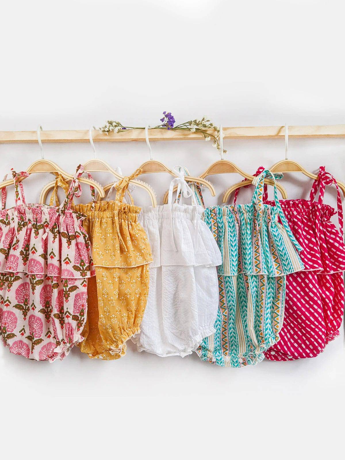 Halemons Pink Striped Frilled Bodice Romper, Elasticated Chest & Diaper Buttons - Pink