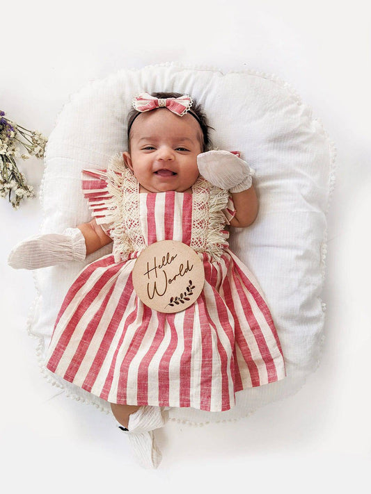 Pink Stripes Baby Frilled Frock With Crochet Lace