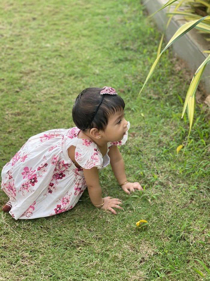 Pearl White Cotton Long Frock with Wine Floral Bunch