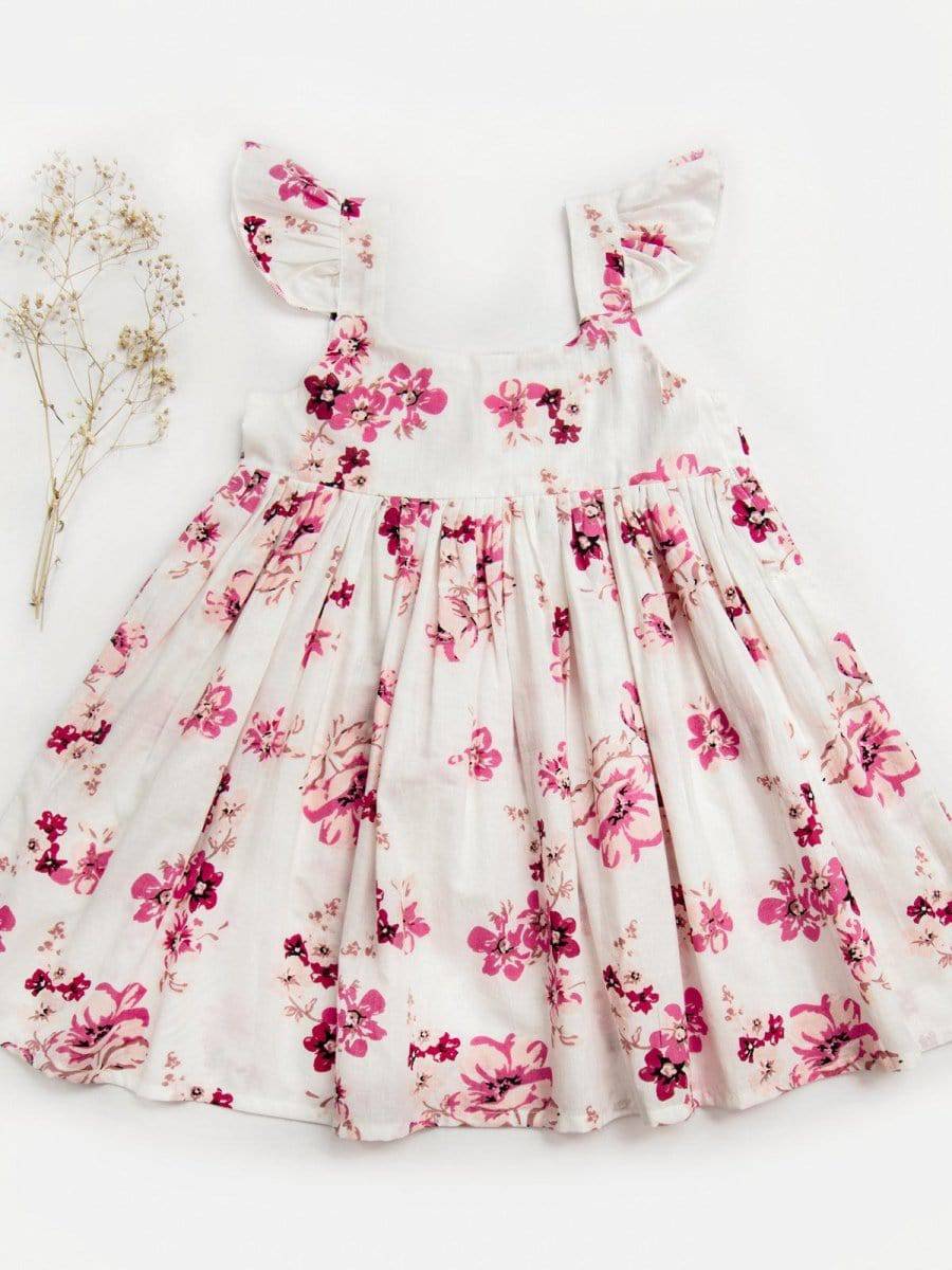 Pearl White Cotton Long Frock with Wine Floral Bunch