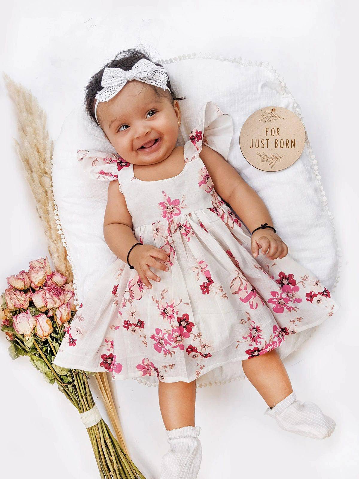 Pearl White Cotton Long Frock with Wine Floral Bunch