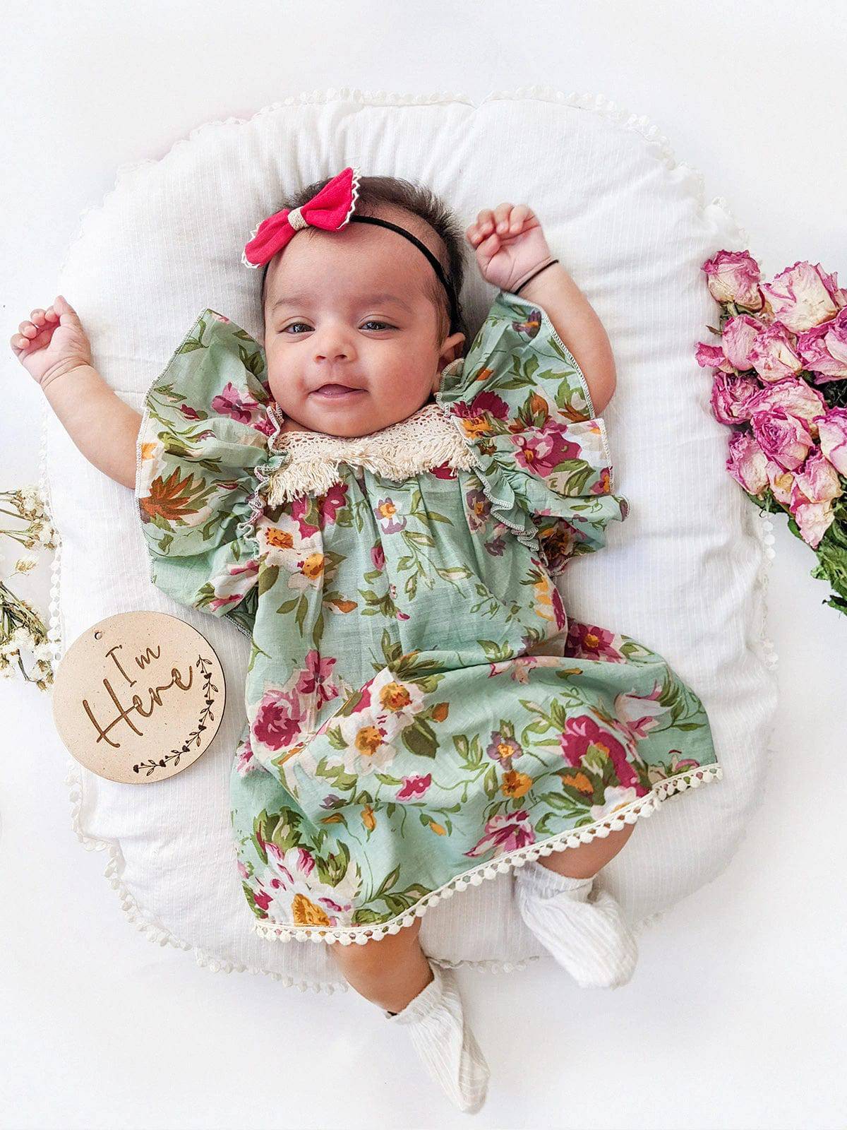 Victoria Pleated Floral Frilly Teal Baby Girl Dress
