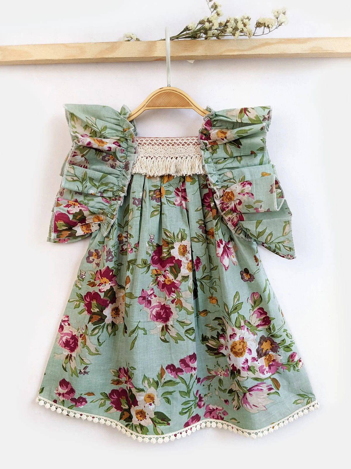 Victoria Pleated Floral Frilly Teal Baby Girl Dress