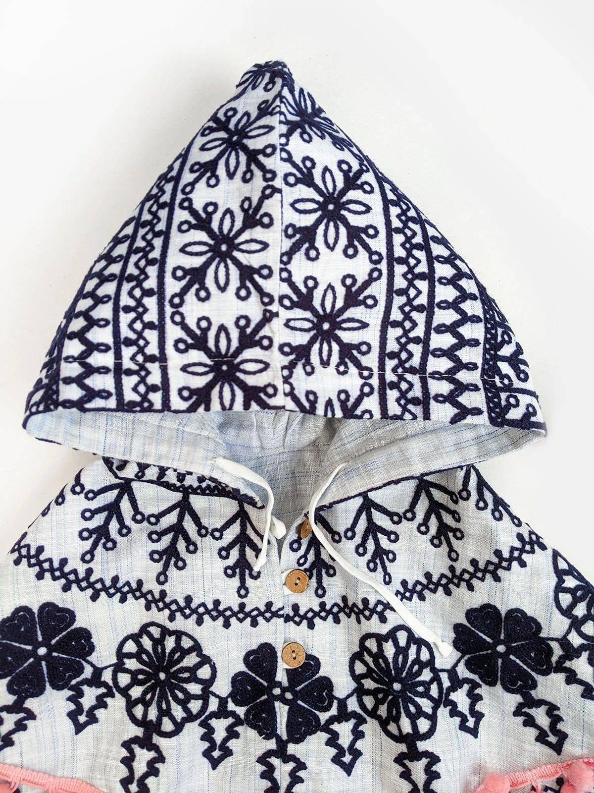 Blue Embroidered Hoodie Party Poncho Top For Baby Girls