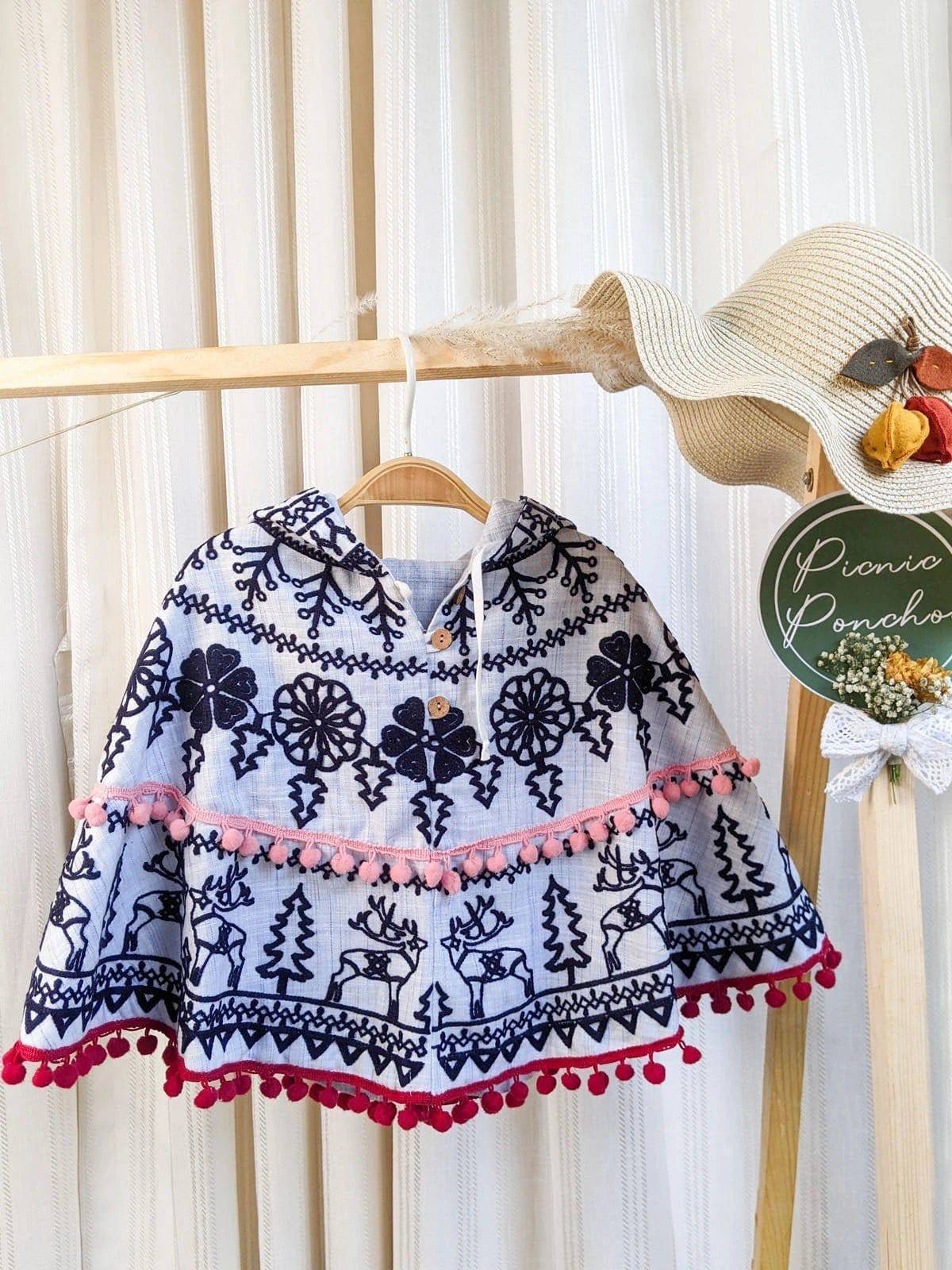 Blue Embroidered Hoodie Party Poncho Top For Baby Girls