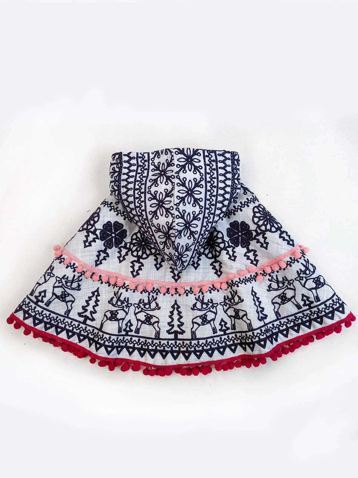 Blue Embroidered Hoodie Party Poncho Top For Baby Girls
