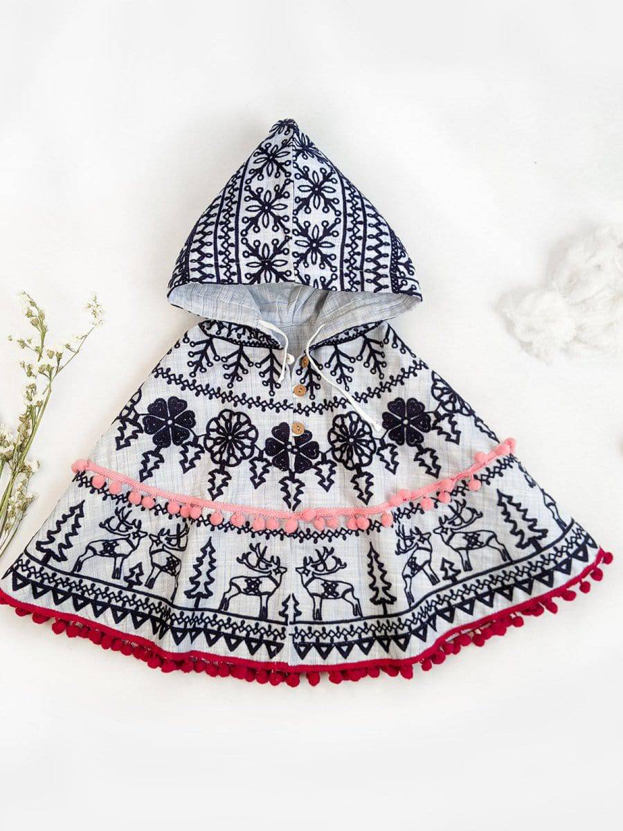 Blue Embroidered Hoodie Party Poncho Top For Baby Girls