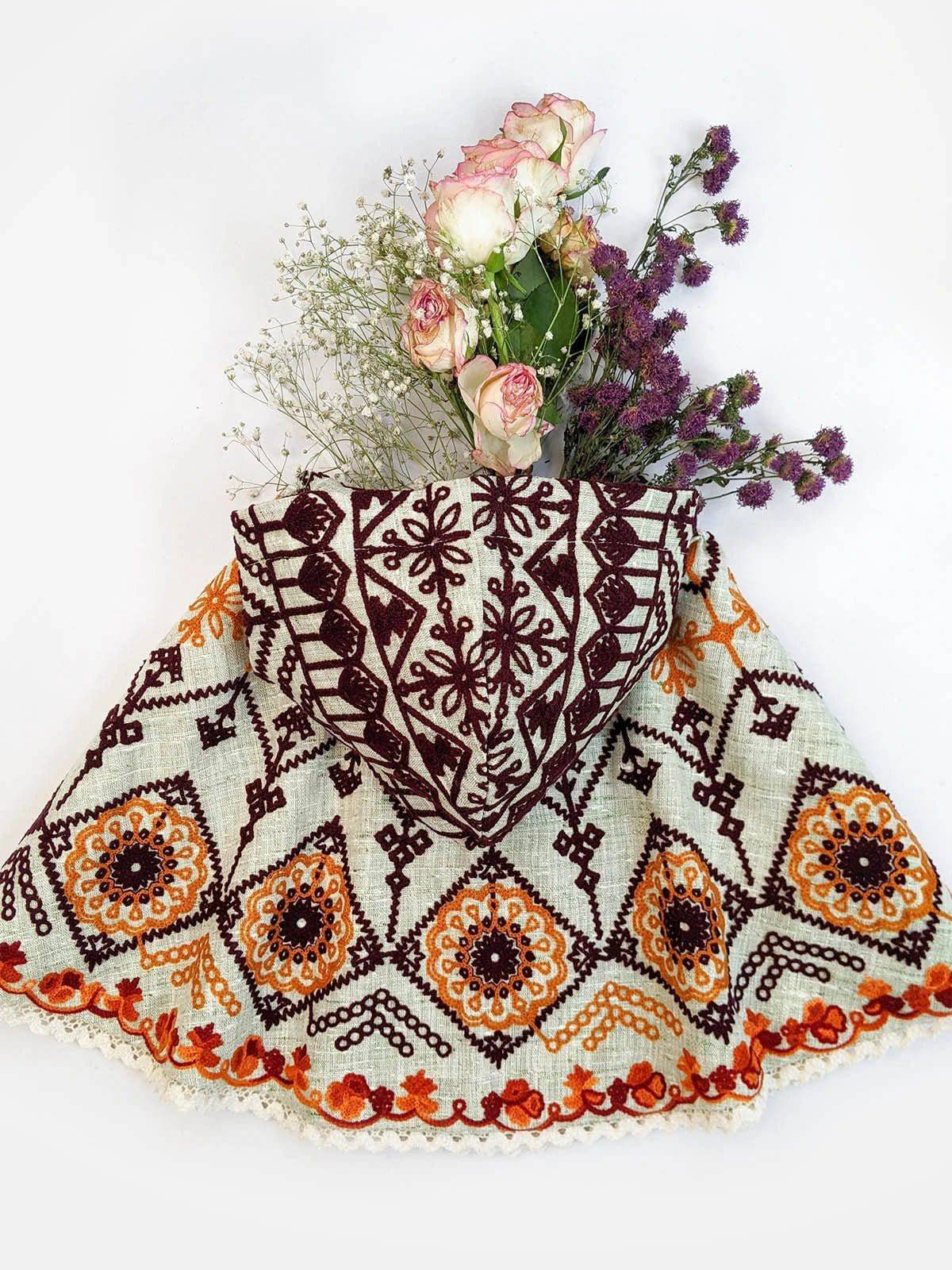 Green Fancy Embroidered Hoodie Poncho Top For Baby Girls