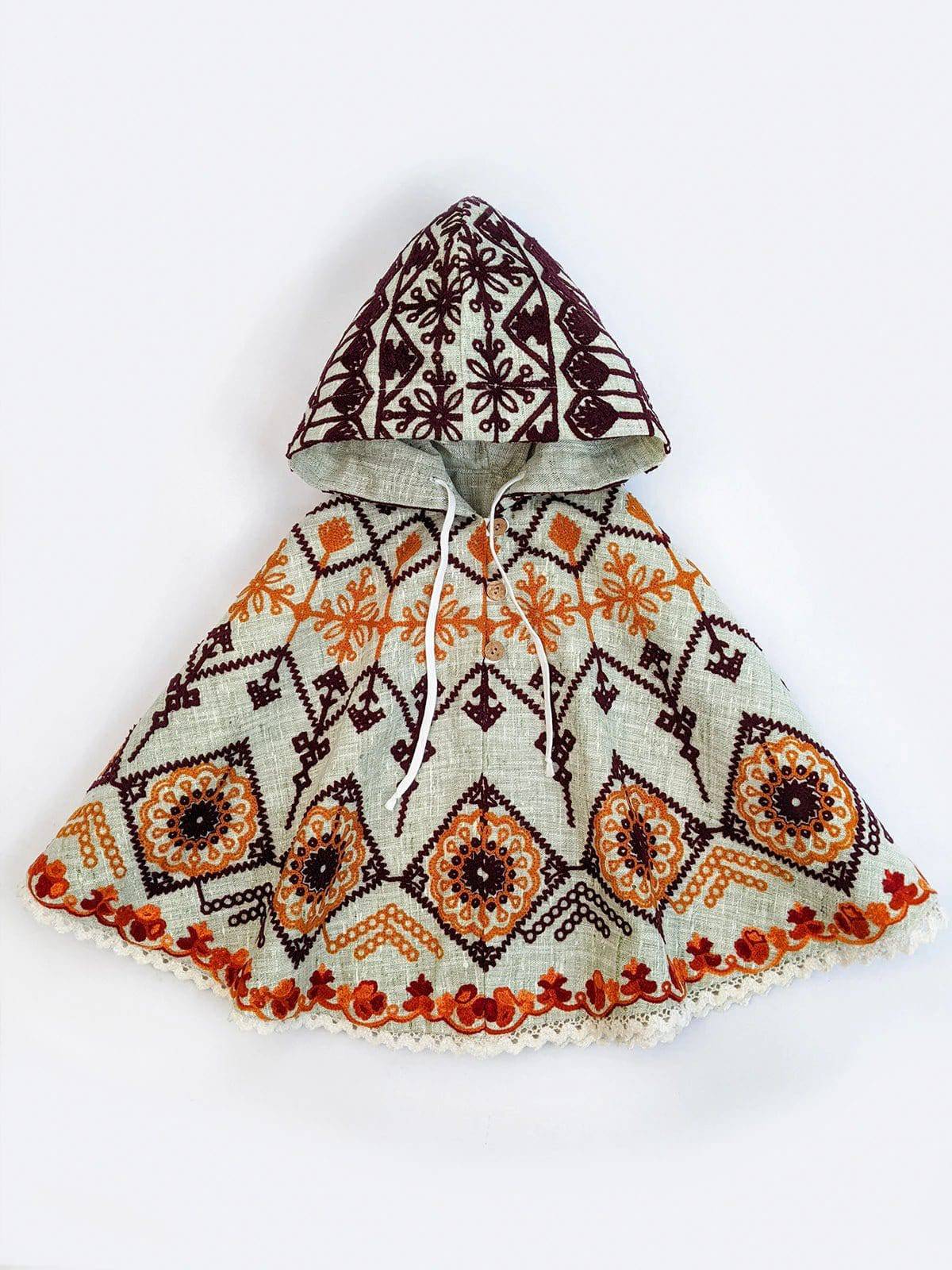 Green Fancy Embroidered Hoodie Poncho Top For Baby Girls