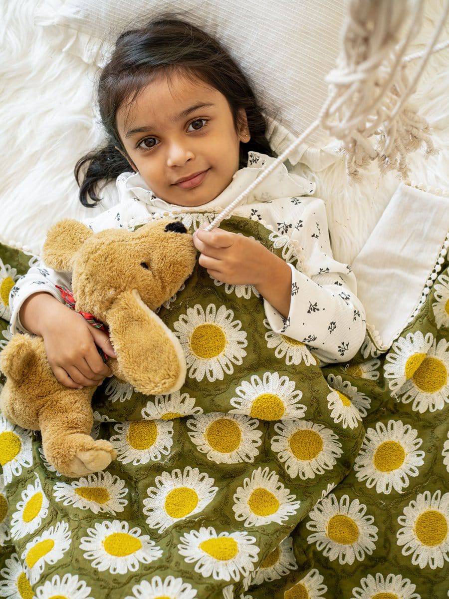 Green Woolen Sunflower Reversible Baby Kids Blanket
