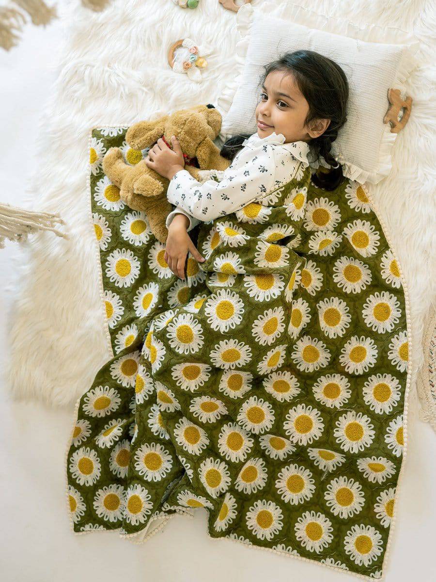 Green Woolen Sunflower Reversible Baby Kids Blanket