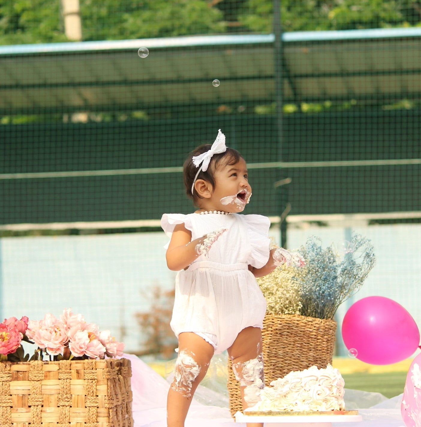 Halemons Kantha Cotton Frilled Romper, Diaper Opening & Back Straps - White